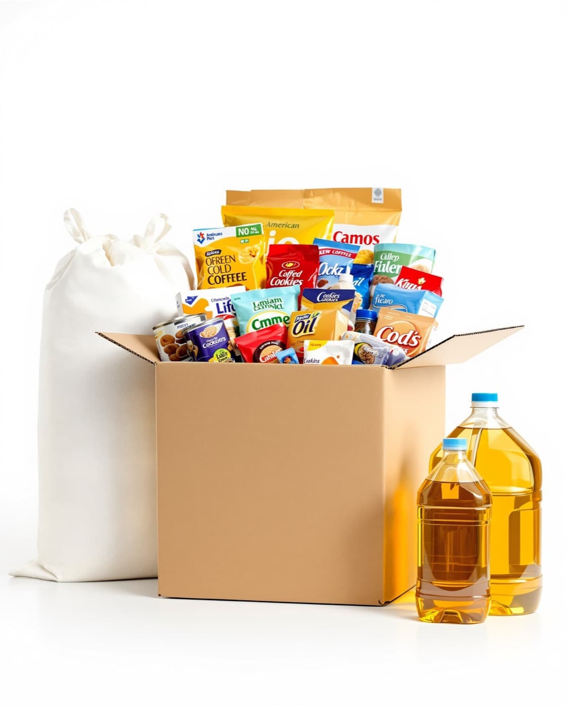 Caja familiar llena con arroz y aceite al lado
